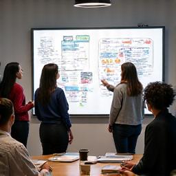 Team in einem Strategie-Meeting vor einem Whiteboard