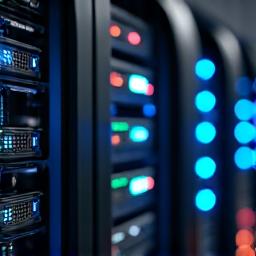 Server-Rack mit leuchtenden Betriebs-LEDs